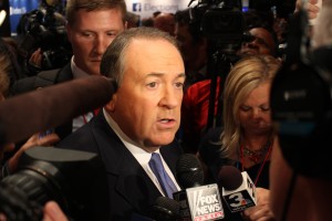 Gov. Mike Huckabee speaking to reporters following the GOP Debate THursday eveing in Cleveland, Ohio