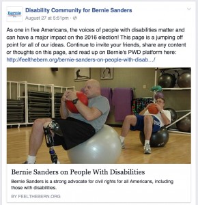 The Disability Community for Bernie Sanders Facebook page links to a post on Sanders' positions on disabilities created by Feel the Bern.