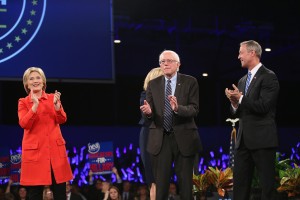 Democratic presidential candidates Bernie Sanders, Martin O'Malley and Hillary Clinton speak at the Iowa Democratic Party's Jefferson Jackson dinner 