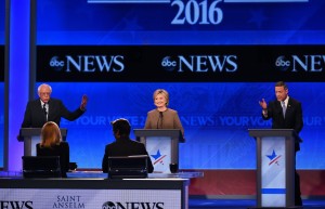 US Democratic Presidential hopefuls (L-R) Bernie Sanders, Hillary Clinton and Martin O'Malley participate in the Democratic Presidential Debate hosted by ABC News at Saint Anselm College in Manchester, New Hampshire, on December 19, 2015. AFP PHOTO / JEWEL SAMAD / AFP / JEWEL SAMAD