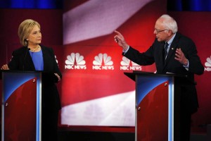 Democratic presidential hopefuls Secretary Hillary Clinton and Sen. Bernie Sanders at NBC News' Democratic Debate, Jan. 17, 2016