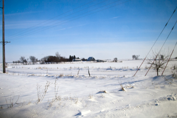 Image of snow-covered fields and roads in Iowa