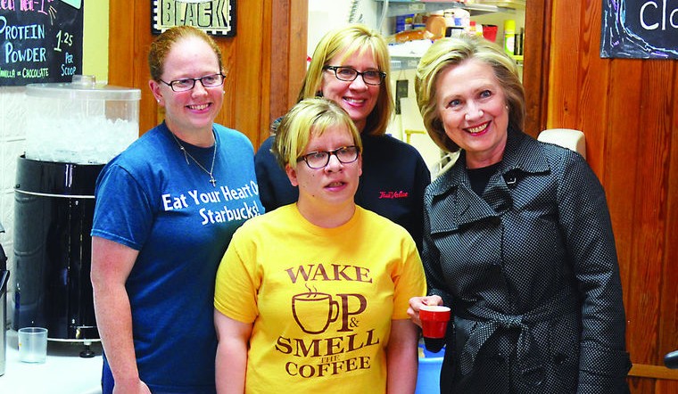 Hillary Clinton stopped by Em's Cofee for lunch in Independence, Iowa