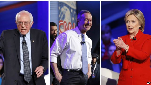 Democratic presidential candidates Bernie Sanders, Martin O'Malley and Hillary Clinton at CNN's town hall at Drake University in Des Moines, Iowa, on Monday