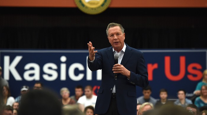 Republican presidential candidate, Ohio Gov. John Kasich speaks during a Town Hall at George Mason University in Fairfax, Va., Monday, Feb. 22, 2016. (AP Photo/Molly Riley)