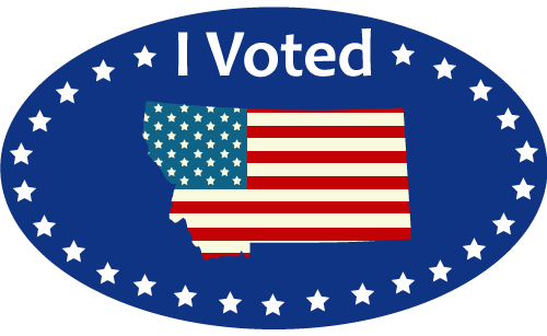Montana Voting Sticker: text of "I Voted" with image of outline of state of Montana filled in with American flag inside a circle with stars as a border