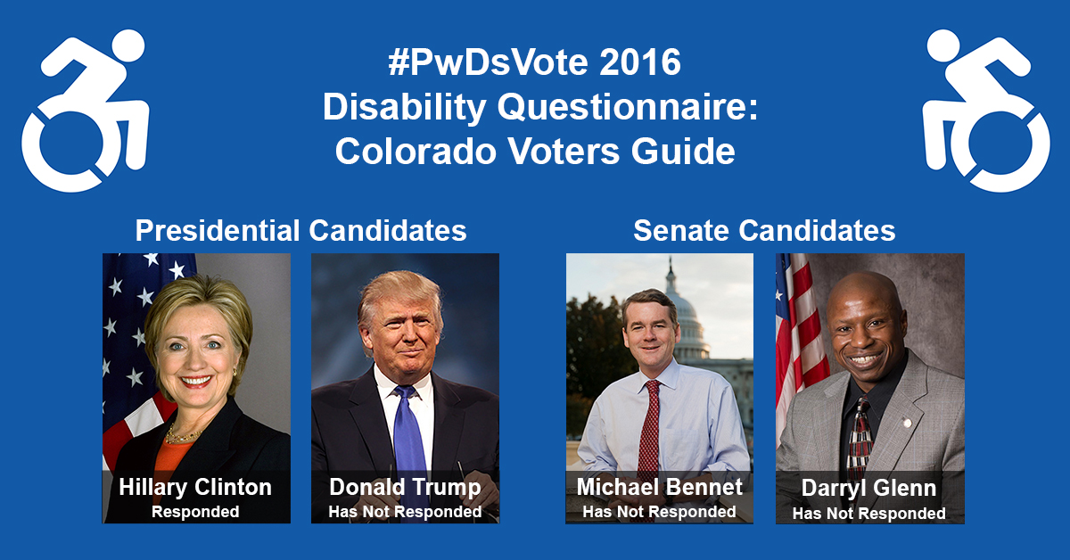 Text in Image: #PwDsVote 2016 Disability Questionnaire: Colorado Voter Guide. Presidential Candidates: headshot of Clinton with text "Hillary Clinton, Responded"; headshot of Trump with text "Donald Trump, Has Not Responded." Senate Candidates: headshot of Bennet with text "Michael Bennet, Has Not Responded"; headshot of Glenn with text "Darryl Glenn, Has Not Responded."
