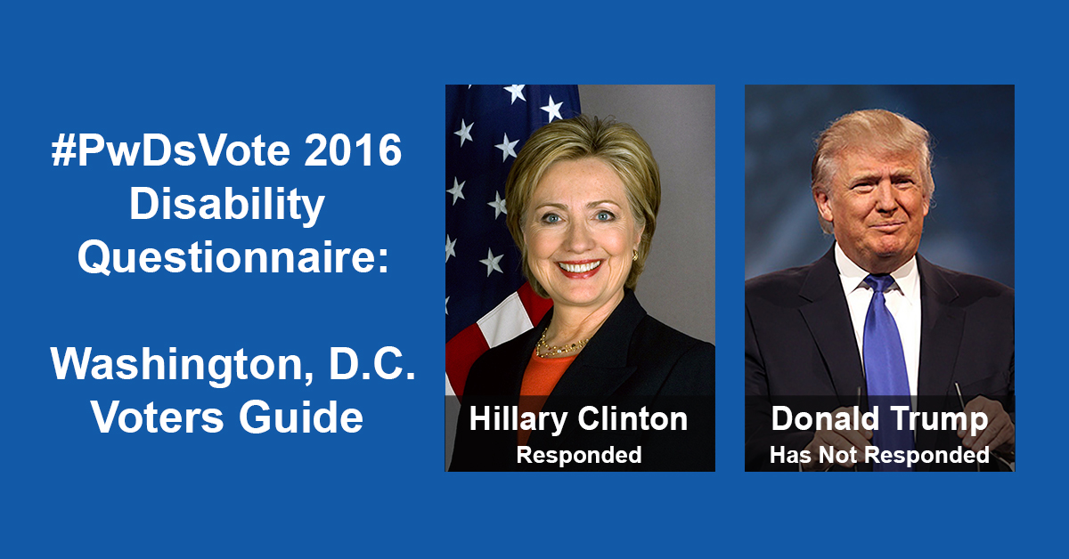 Text in Image: #PwDsVote 2016 Disability Questionnaire: Washington, D.C. Voter Guide. Headshot of Clinton with text "Hillary Clinton, Responded"; headshot of Trump with text "Donald Trump, Has Not Responded."