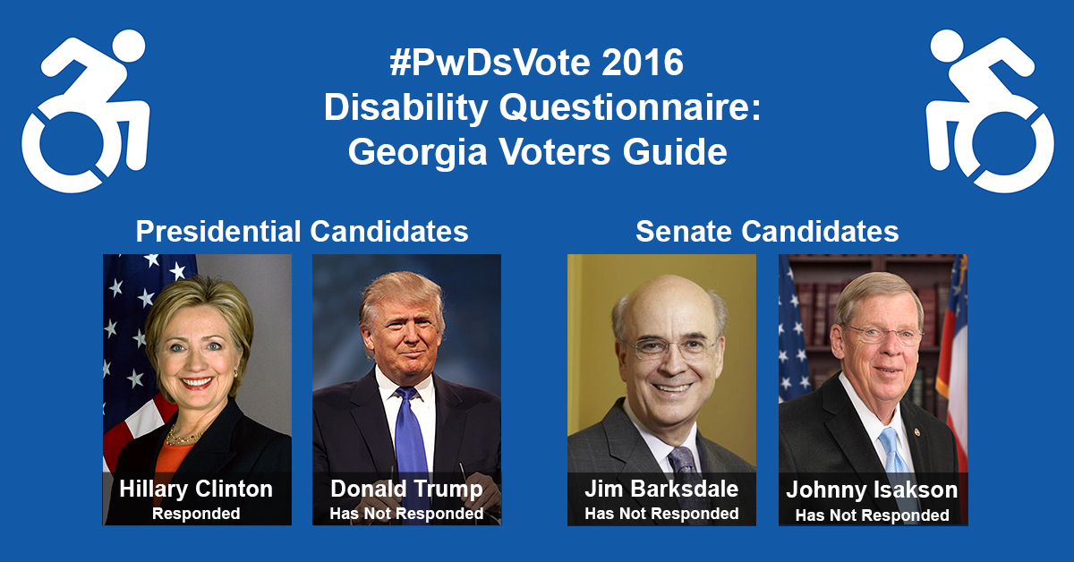 Text in Image: #PwDsVote 2016 Disability Questionnaire: Georgia Voter Guide. Presidential Candidates: headshot of Clinton with text "Hillary Clinton, Responded"; headshot of Trump with text "Donald Trump, Has Not Responded." Senate Candidates: headshot of Barksdale with text "Jim Barksdale, Has Not Responded"; headshot of Isakson with text "Johnny Isakson, Has Not Responded."