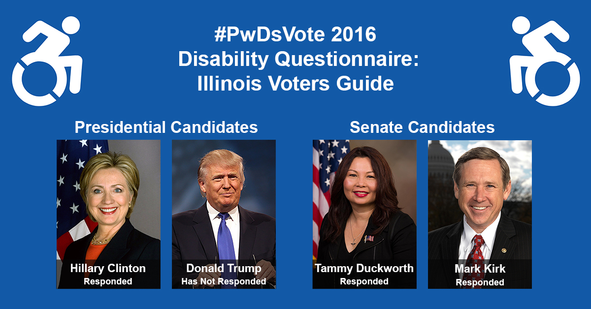 Text in Image: #PwDsVote 2016 Disability Questionnaire: Illinois Voter Guide. Presidential Candidates: headshot of Clinton with text "Hillary Clinton, Responded"; headshot of Trump with text "Donald Trump, Has Not Responded." Senate Candidates: headshot of Duckworth with text "Tammy Duckworth, Responded"; headshot of Kirk with text "Mark Kirk, Responded."