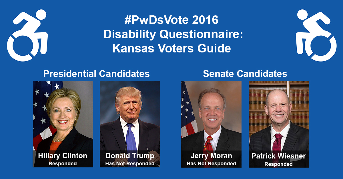Text in Image: #PwDsVote 2016 Disability Questionnaire: Kansas Voter Guide. Presidential Candidates: headshot of Clinton with text "Hillary Clinton, Responded"; headshot of Trump with text "Donald Trump, Has Not Responded." Senate Candidates: headshot of Moran with text "Jerry Moran, Has Not Responded"; headshot of Wiesner with text "Patrick Wiesner, Responded."