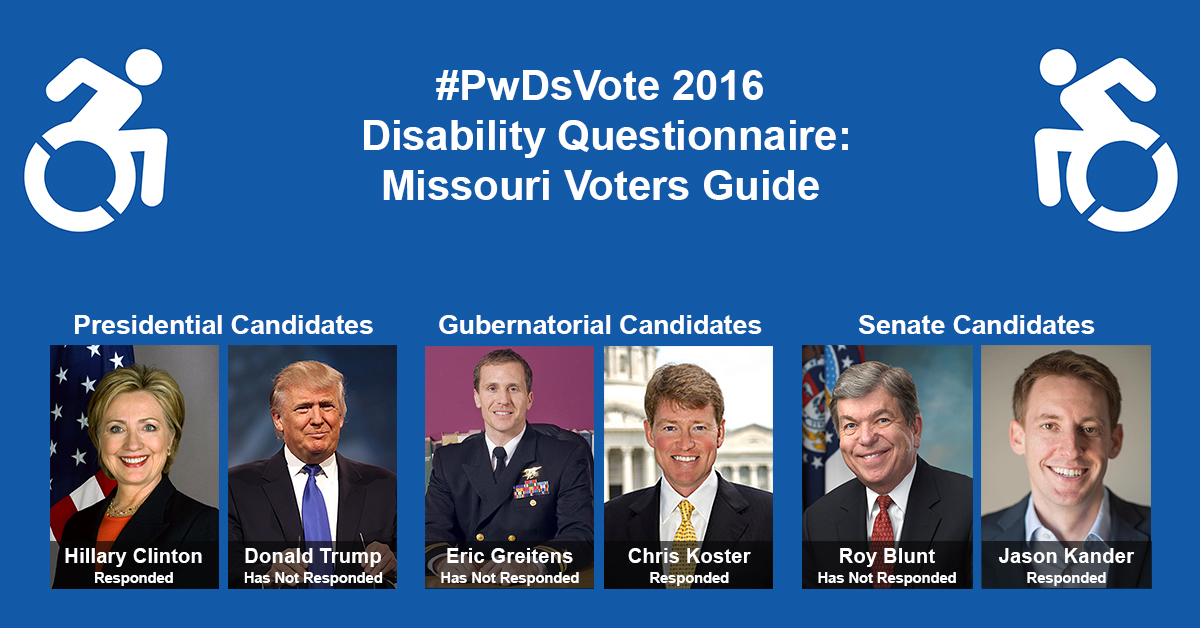 Text in Image: #PwDsVote 2016 Disability Questionnaire: Missouri Voter Guide. Presidential Candidates: headshot of Clinton with text "Hillary Clinton, Responded"; headshot of Trump with text "Donald Trump, Has Not Responded." Gubernatorial Candidates: headshot of Greitens with text "Eric Greitens, Has Not Responded"; headshot of Koster with text "Chris Koster, Responded." Senate Candidates: headshot of Blunt with text "Roy Blunt, Has Not Responded"; headshot of Kander with text "Jason Kander, Responded."