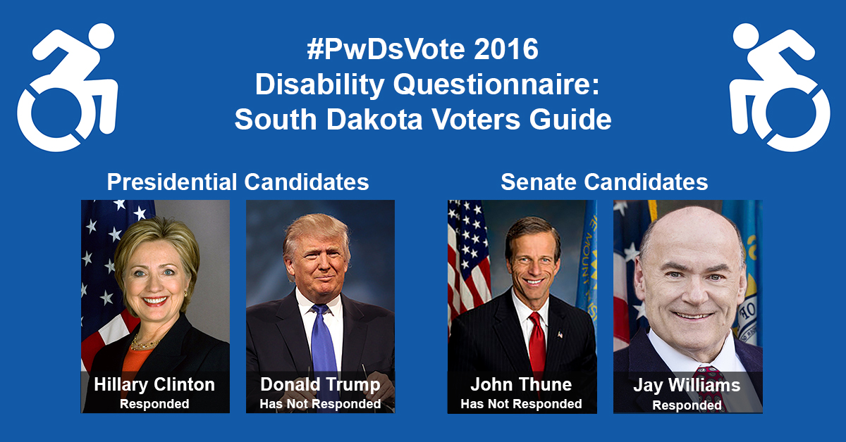 Text in Image: #PwDsVote 2016 Disability Questionnaire: South Dakota Voter Guide. Presidential Candidates: headshot of Clinton with text "Hillary Clinton, Responded"; headshot of Trump with text "Donald Trump, Has Not Responded." Senate Candidates: headshot of Thune with text "John Thune, Has Not Responded"; headshot of Williams with text "Jay Williams, Responded."