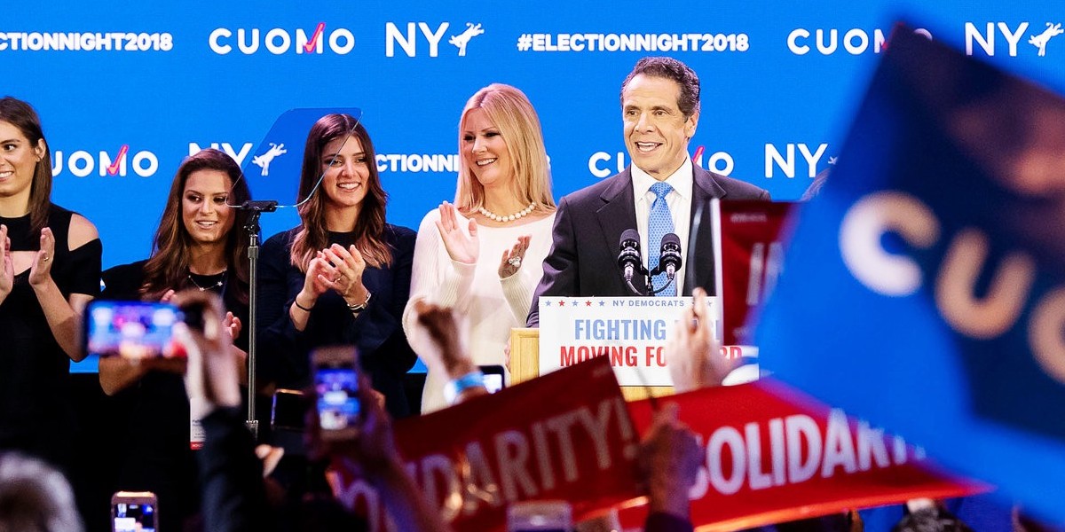 Andrew Cuomo speaks in front of supporters at his victory party