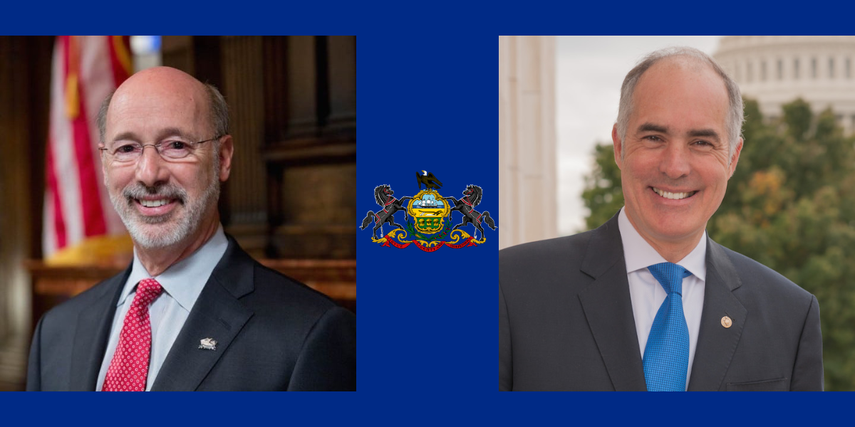 Photos of Tom Wolf and Bob Casey. Between them is the Pennsylvania Flag