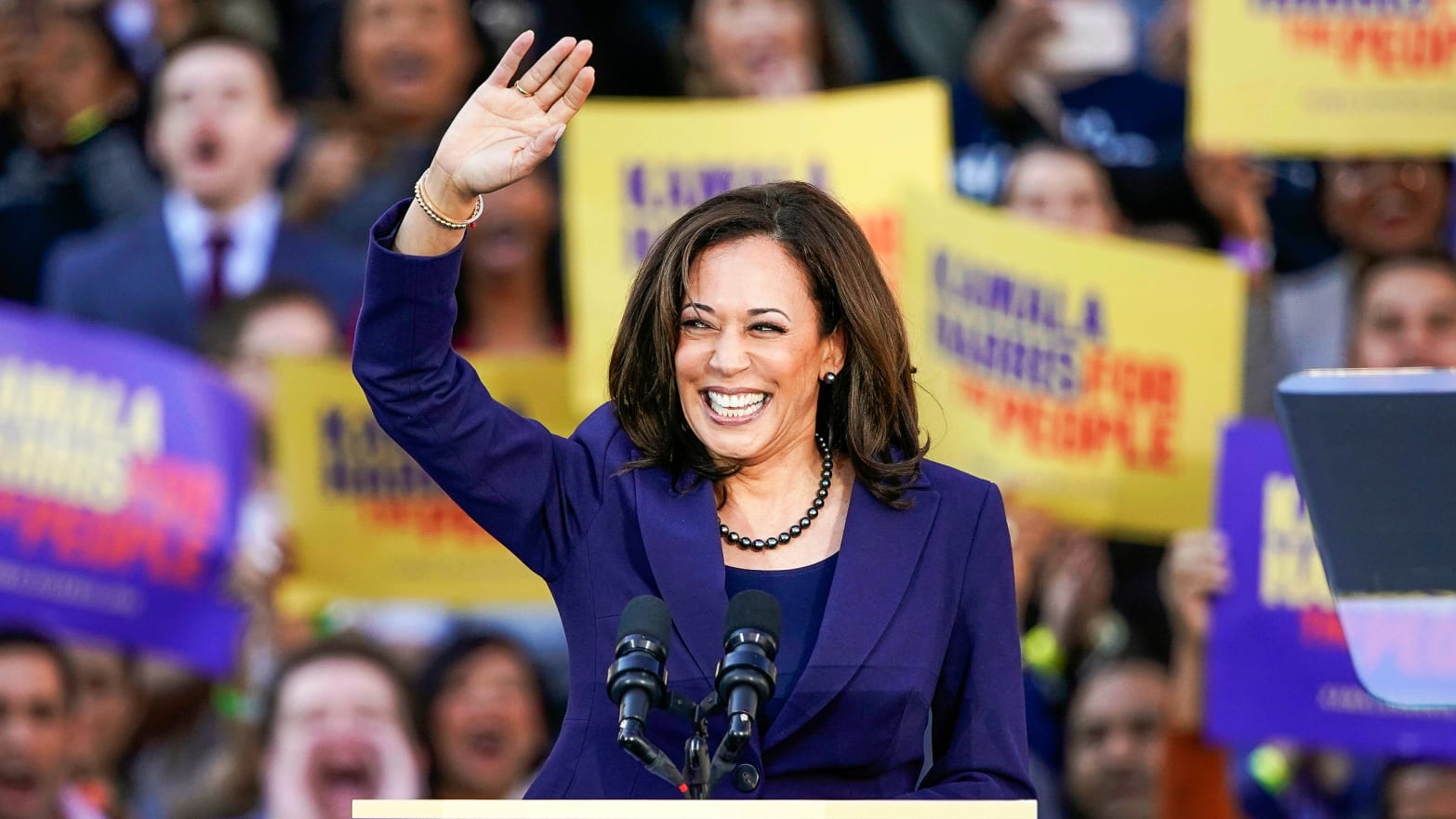 Kamala Harris waves and smiles to a crowd holding up supportive campaign posters