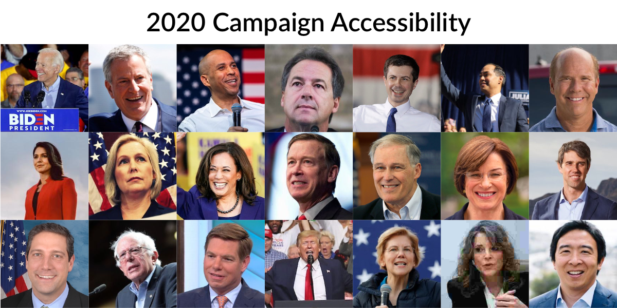 Headshots of 21 2020 candidates featured in this piece. Text: 2020 Campaign Accessibility