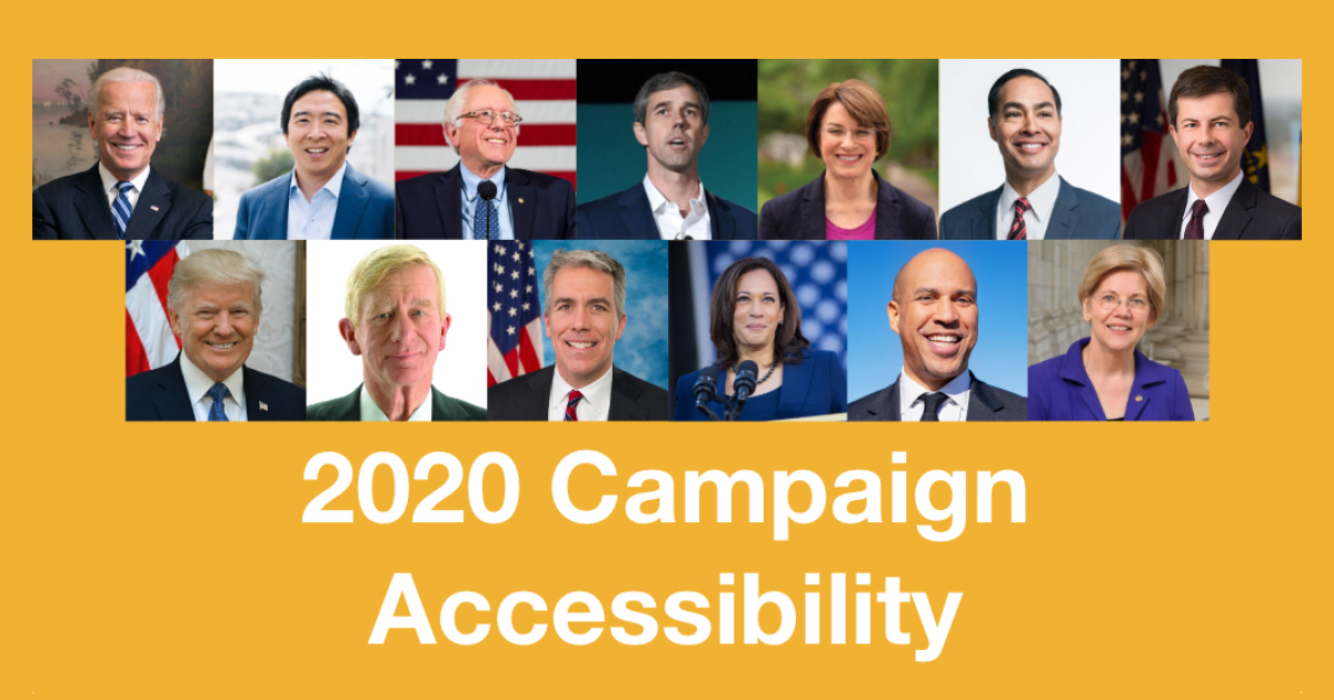 Photos of the 13 candidates covered in the Miami Lighthouse Report. Text: 2020 Campaign Accessibility