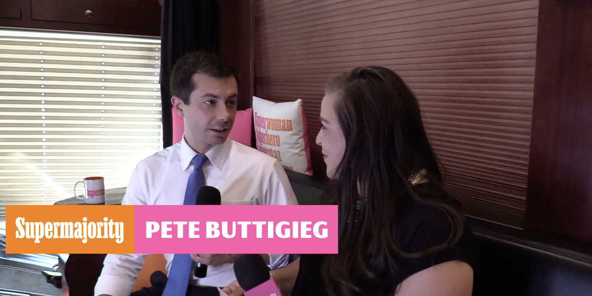 Pete Buttigieg being interviewed sitting on a couch with a reporter. Text: SuperMajority Pete Buttigieg