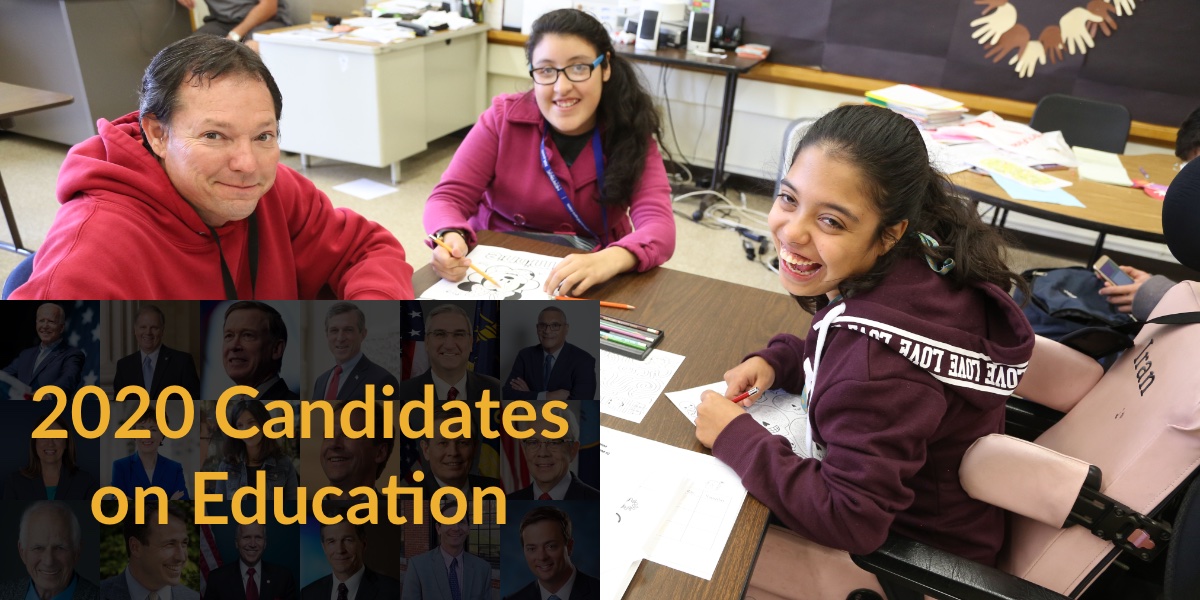 Three students with disabilities working at a table together. Text: 2020 Candidates on Education. Blurred headshots of 18 2020 candidates in background