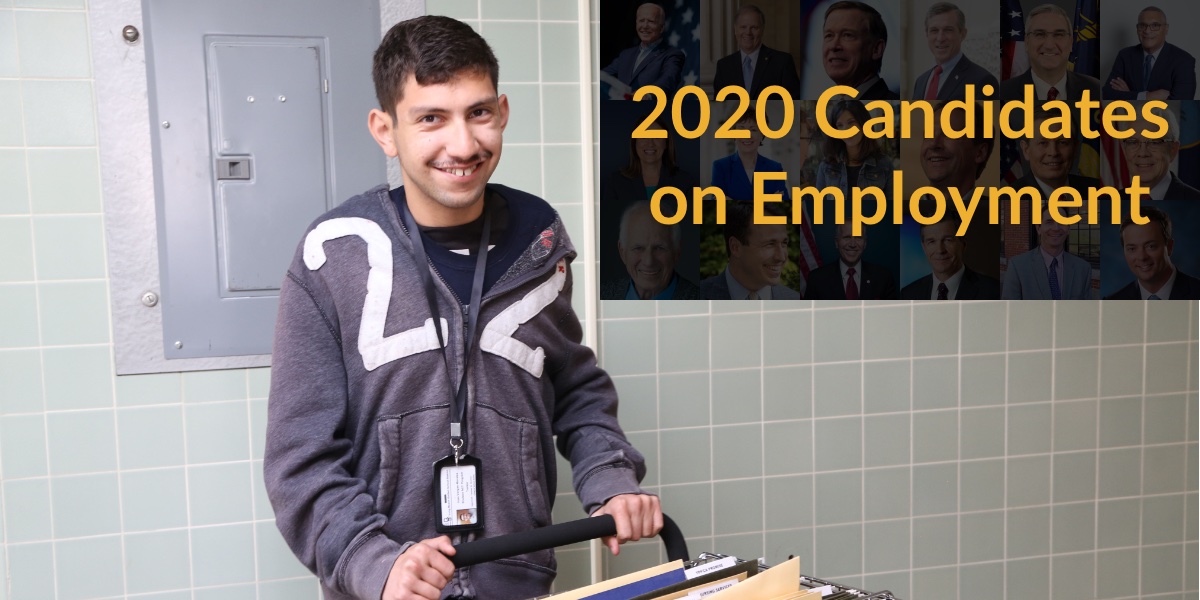 A man with a disability pushing a cart in a school. Text: 2020 Candidates on Employment. Blurred headshots of 18 2020 candidates in background