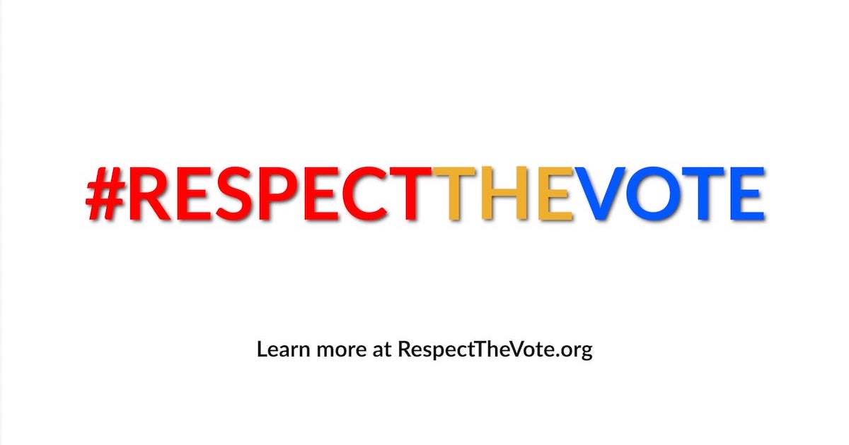 #RespectTheVote written in red, respectability's yellow color, and blue. Learn more at RespectTheVote.org