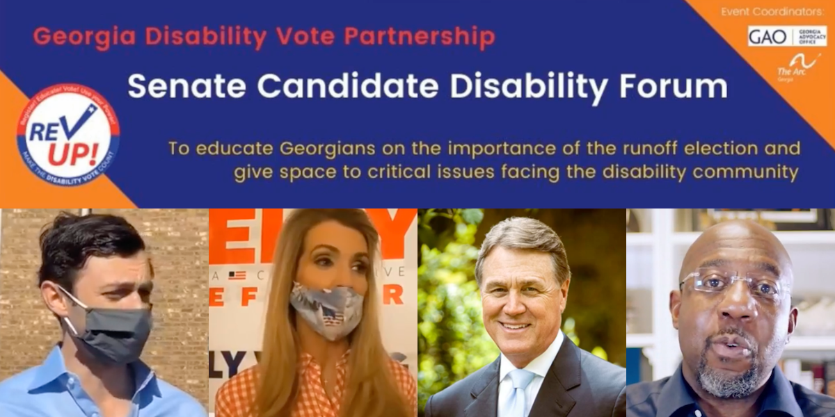 Poster advertising Georgia Disability Vote Partnership Senate Candidate Disability Forum. Photos of four Senate candidates from the forum.