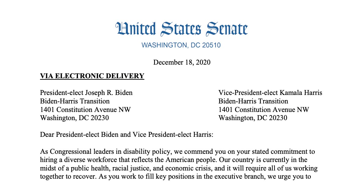 Screenshot of a letter sent by Tammy Duckworth and Jim Langevin to the Biden-Harris Transition team