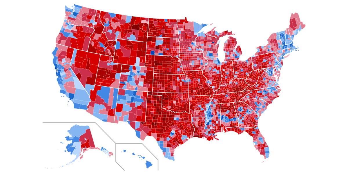 Map of the United States color coded by 2020 presidential election results