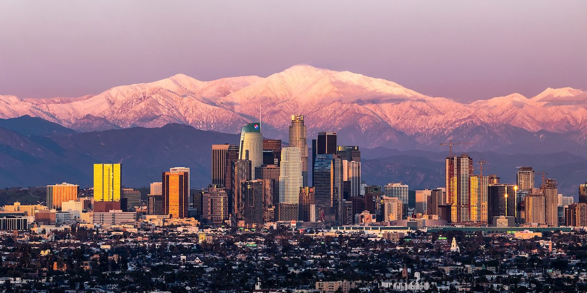 Los Angeles skyline with a mountain in the background