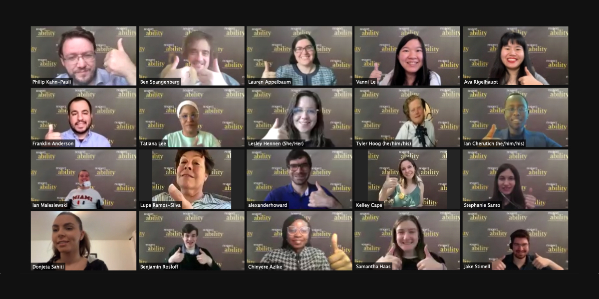 Twenty current and former RespectAbility team members give thumbs up on a Zoom meeting