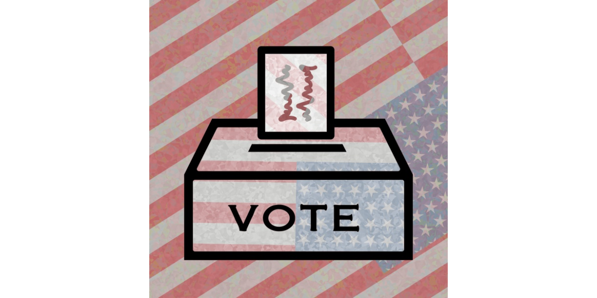 illustration of a ballot box with the word "vote" on it in front of an American flag